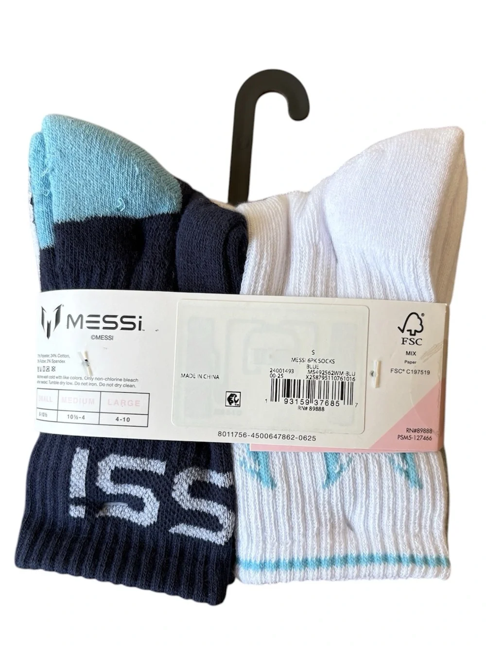 NWT Kids Messi Cushioned Cotton Crew Socks - Navy & Light Blue (6 Pairs)
